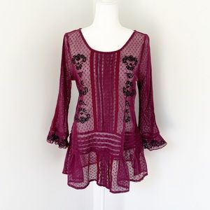 Free People Plum Lace Mesh Swiss Dot Tunic Blouse
